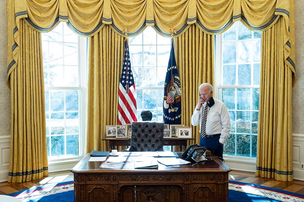 President Joe Biden talks on the phone with Mexico’s President Andrés Manuel López Obrador Friday, Jan. 22, 2021, in the…