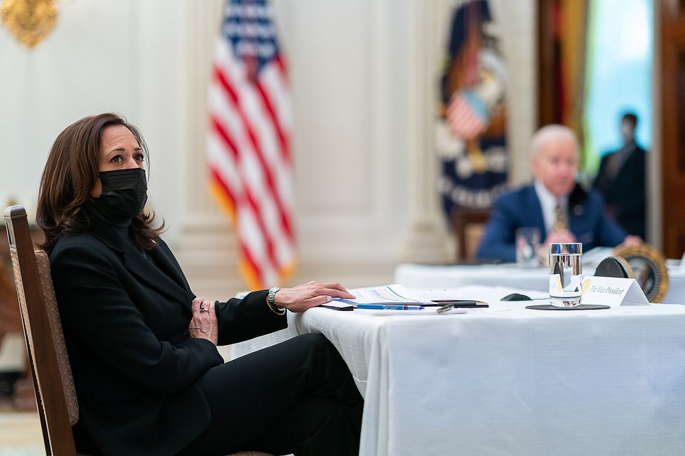 President Joe Biden and Vice President Kamala Harris receive a briefing on the economy Friday, Jan. 22, 2021, in the State…