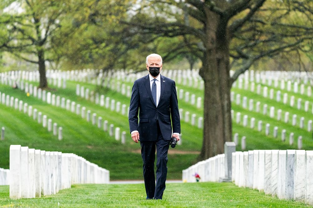 President Joe Biden arrives to lay a wreath and observes a moment of silence on Wednesday, April 14, 2021, at Arlington…