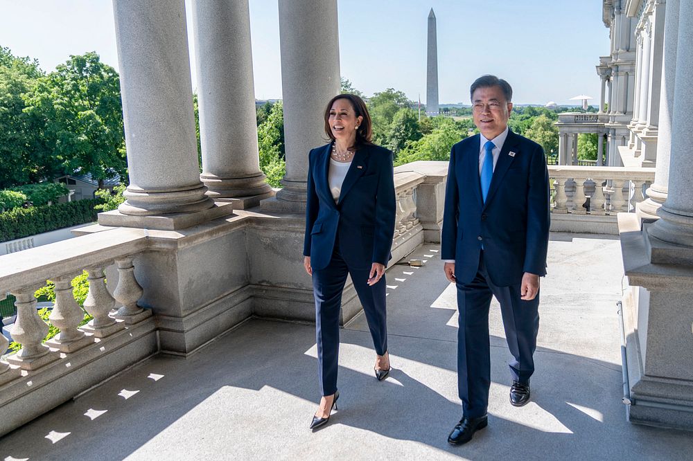 Vice President Kamala Harris and South Korean President Moon Jae-in look over the National Mall in Washington, D.C. Friday…
