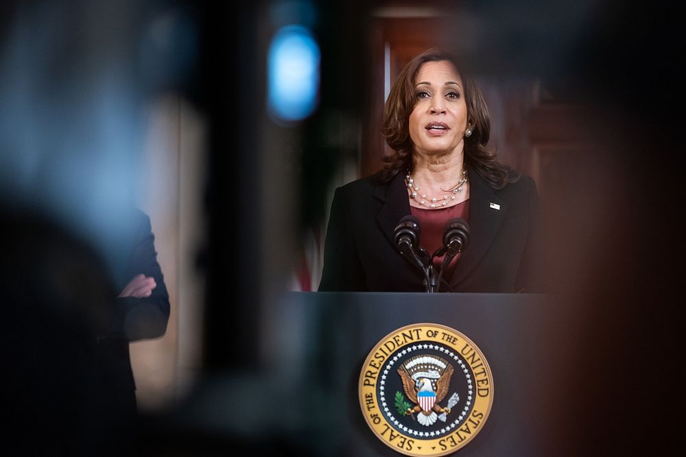 Vice President Kamala Harris, delivers remarks on the guilty verdicts in the Derek Chauvin trial Tuesday, April 20, 2021, in…