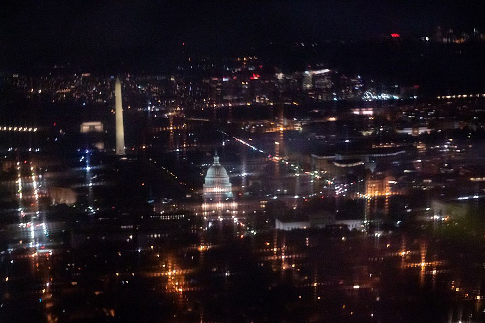 The National Mall is seen at night Sunday, April 18, 2021, as President Joe Biden and First Lady Jill Biden fly aboard…