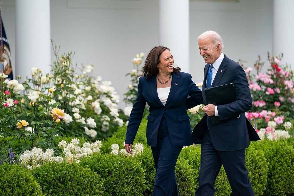 President Joe Biden, joined by Vice President Kamala Harris, after delivering remarks on the CDC’s updated guidance on mask…