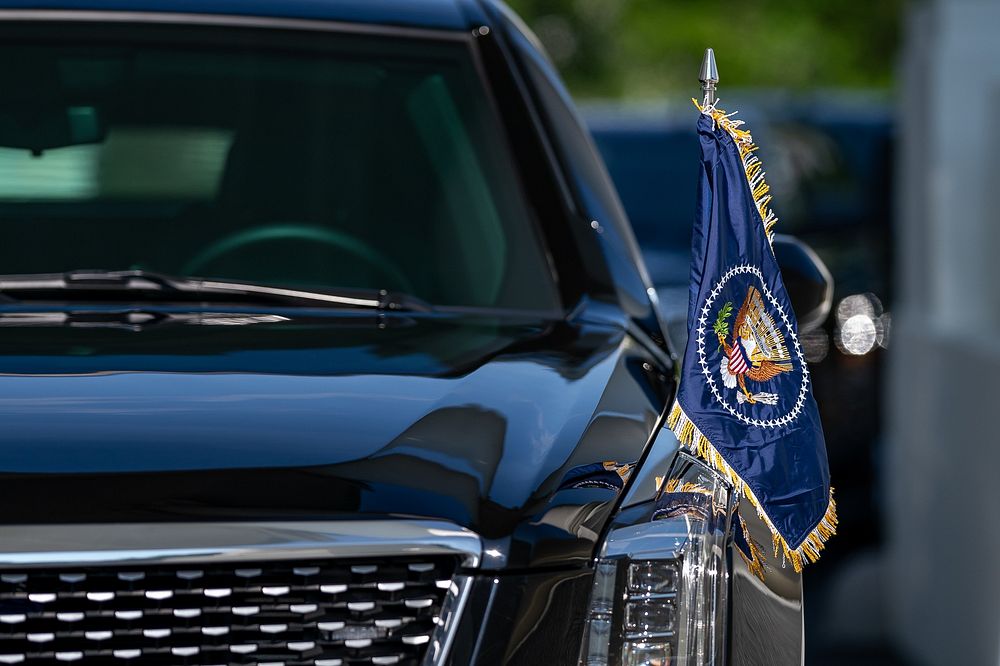 The flag of the President is displayed on the Presidential limousine Friday, May 28, 2021 as it awaits President Joe Biden…