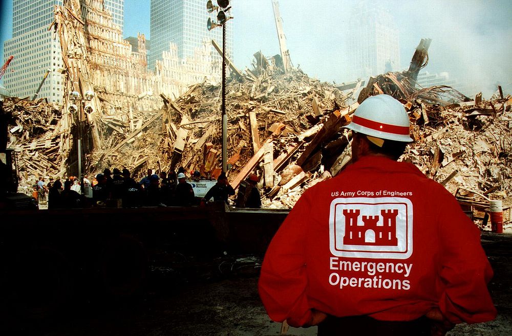 USACE emergency operations teammate looks over the rubble at Ground Zero after the 9/11 attacks