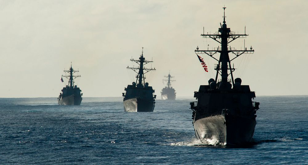 The guided missile destroyers USS Kidd (DDG 100), USS Dewey (DDG 105), USS Pinckney (DDG 91) and USS Wayne E. Meyer (DDG…