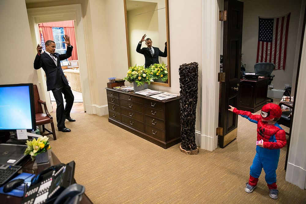 Oct. 26, 2012: "The President pretends to be caught in Spider-Man's web as he greets Nicholas Tamarin, 3, just outside the…