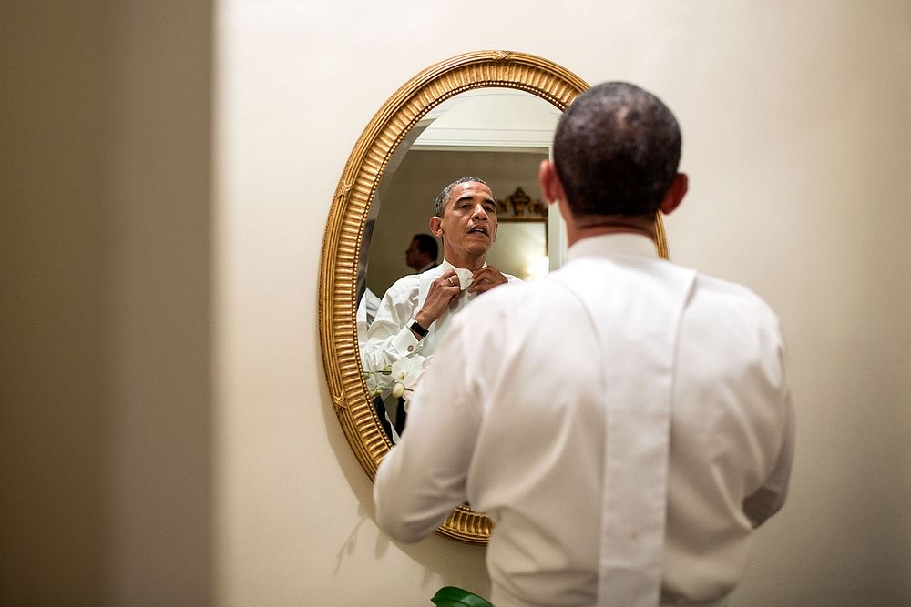 Oct. 18, 2012. "The President ties his white tie before the Alfred E. Smith dinner in New York. Although the dinner is an…