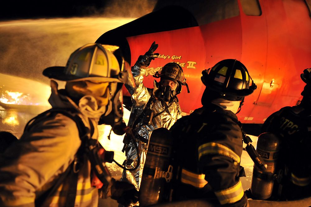 Firefighters train during an exercise at Francis S. Gabreski Air National Guard Base, N.Y., April 2, 2013.