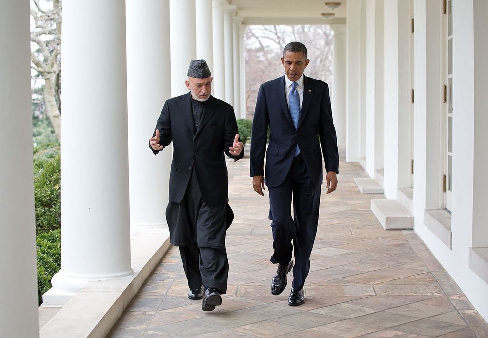 Jan.11, 2013: "President Obama walks with President Hamid Karzai of Afghanistan on the White House Colonnade after their…