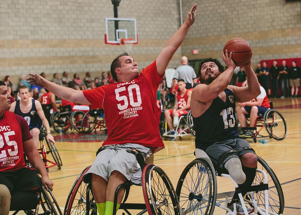 Athletes participate in the third day of the Wheelchair Basketball competition of the 2014 Marine Corps Trials at Camp…