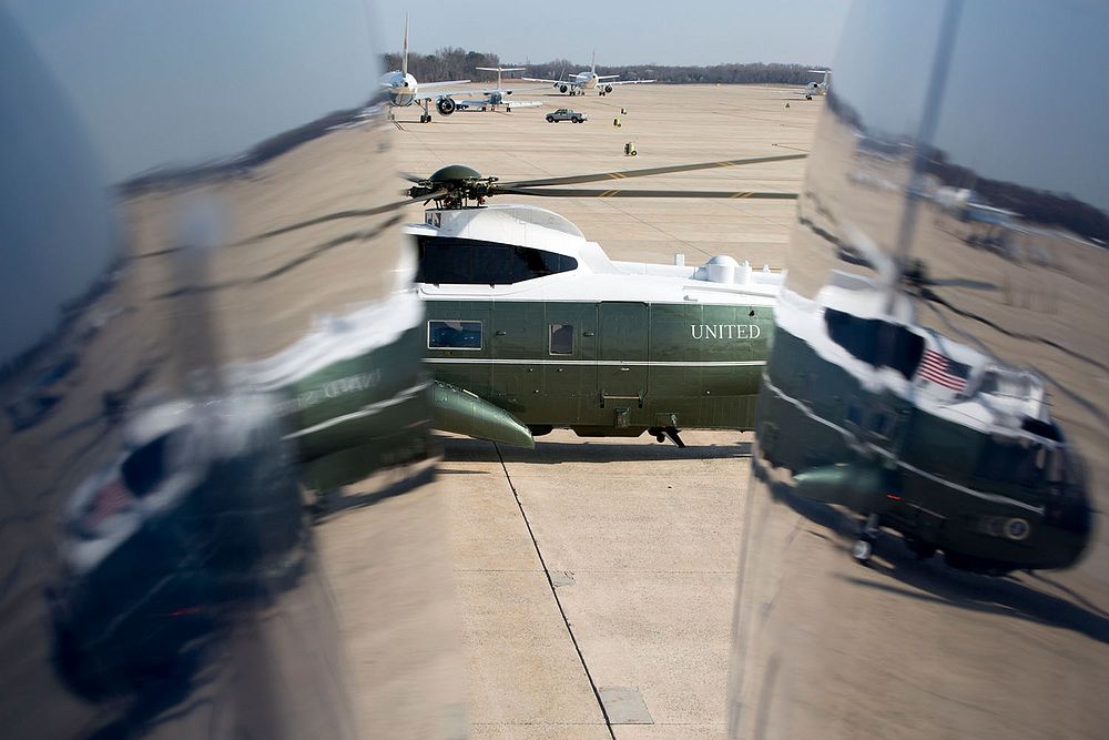 Marine One is seen from Air Force One at Joint Base Andrews, Md., prior to President Barack Obama and First Lady Michelle…
