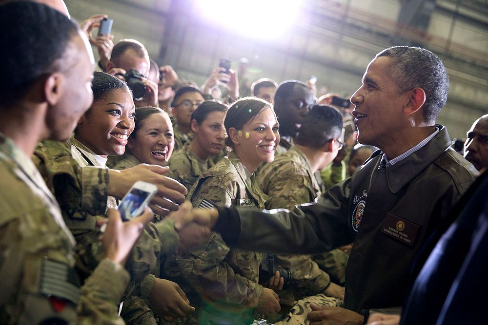 President Barack Obama shakes hands with U.S. troops at Bagram Airfield, Afghanistan, Sunday, May 25, 2014.
