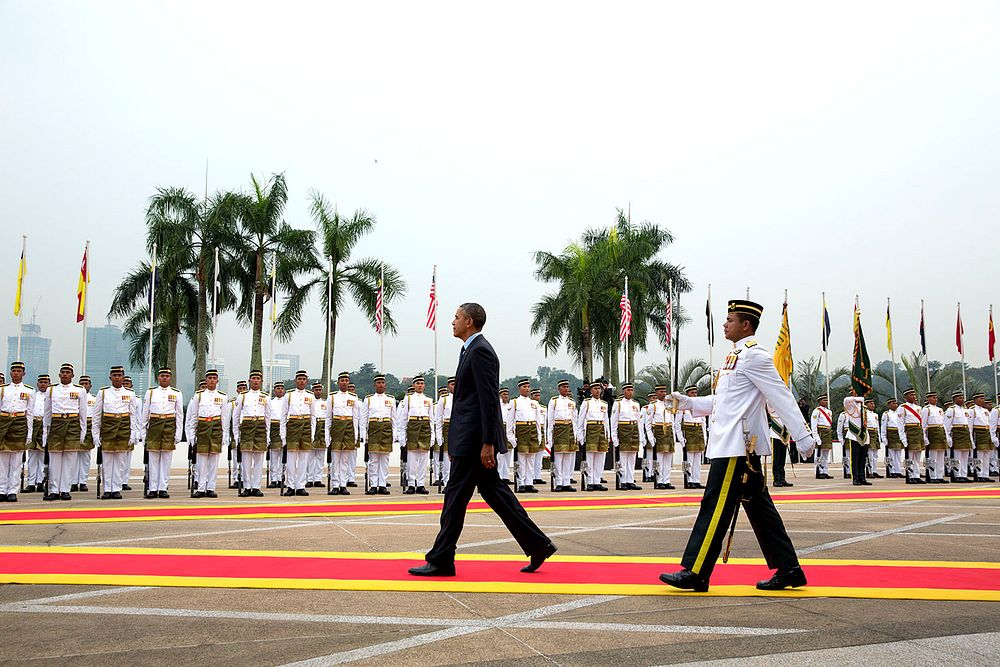 President Barack Obama reviews the Guard of Honor during an official arrival ceremony in Parliament Square, Kuala Lumpur…