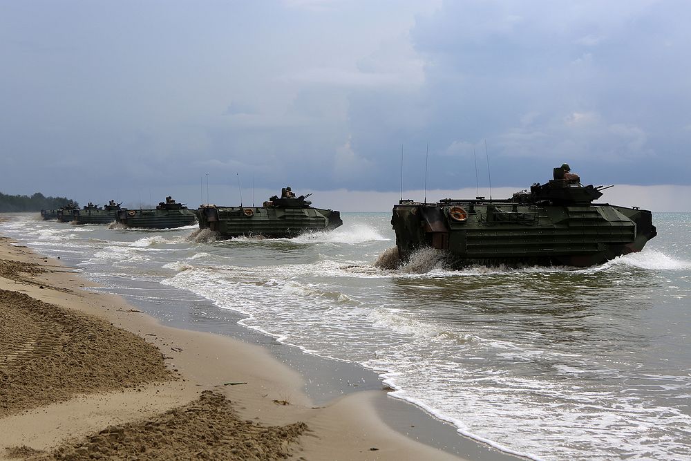 U.S. Marine Corps assault amphibious vehicles assigned to Echo Company, Battalion Landing Team, 2nd Battalion, 1st Marine…