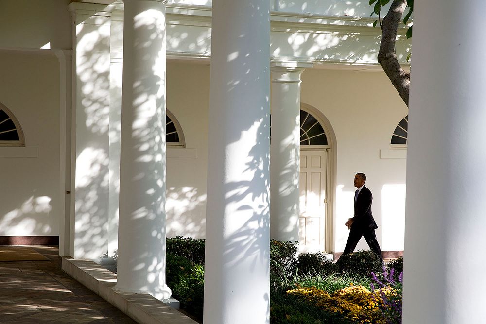 President Barack Obama walks on the Colonnade of the White House, Oct. 29, 2014.