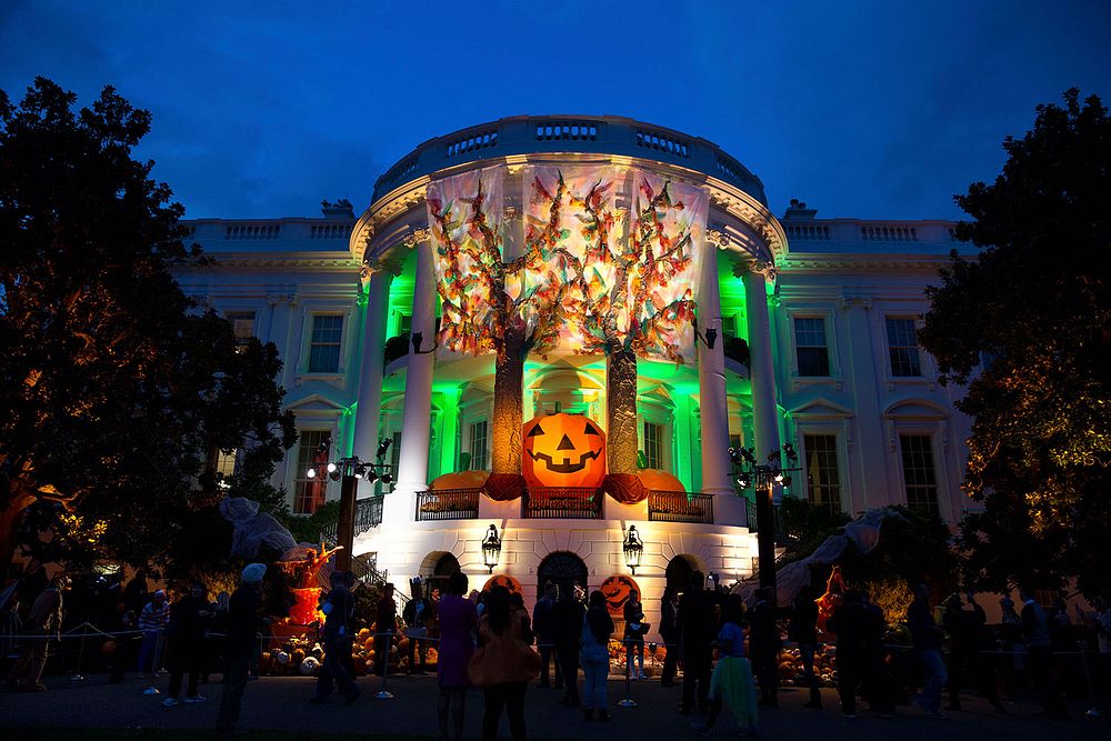 The White House is decorated for Halloween as local children and children of military families trick-or-treat at the South…