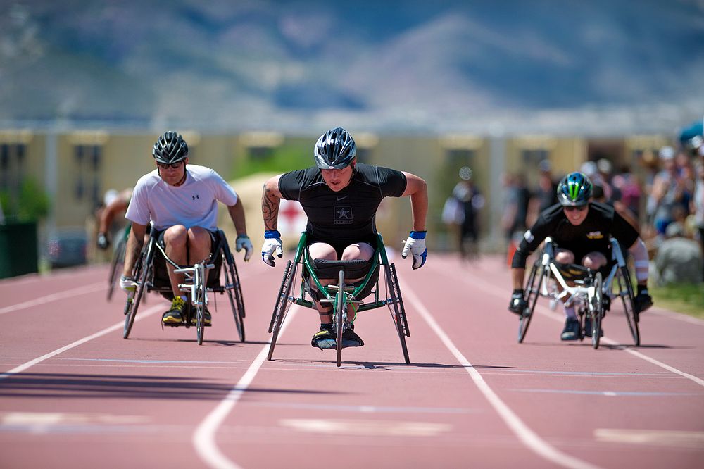 Army athletes compete in the 100 meter wheelchair race during Army Trials at Fort Bliss in El Paso, Texas April 1, 2015.…