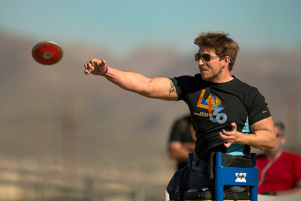 Retired Army Staff Sgt. Tim Payne competes in seated discus during Army Trials at Fort Bliss in El Paso, Texas April 1, 2015.