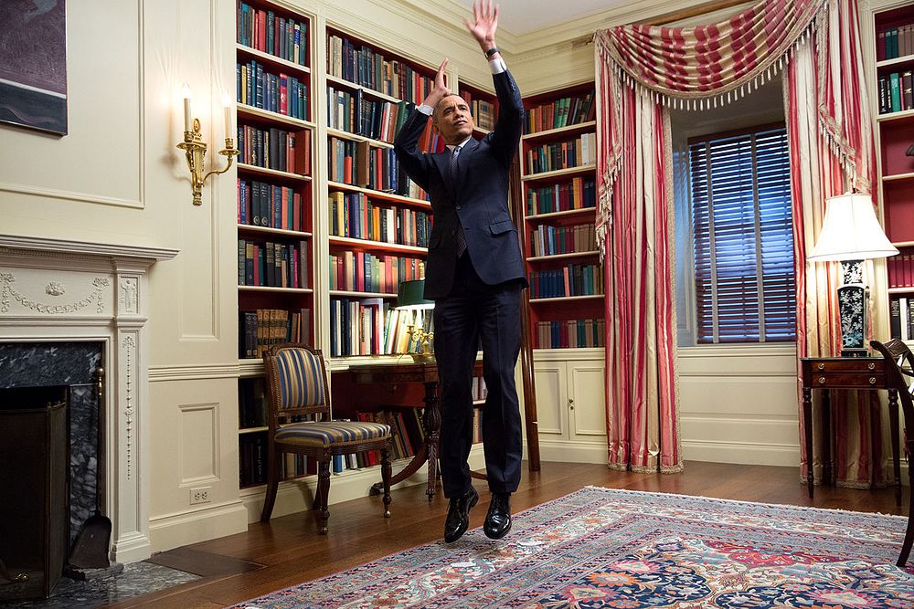President Barack Obama feigns a jump shot during an Affordable Care Act video taping for BuzzFeed in the White House…