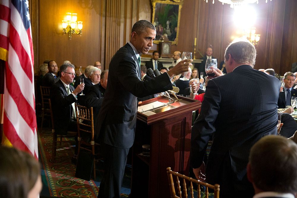 President Barack Obama delivers a toast during a St. Patrick's Day lunch with Prime Minister (Taoiseach) Enda Kenny of…