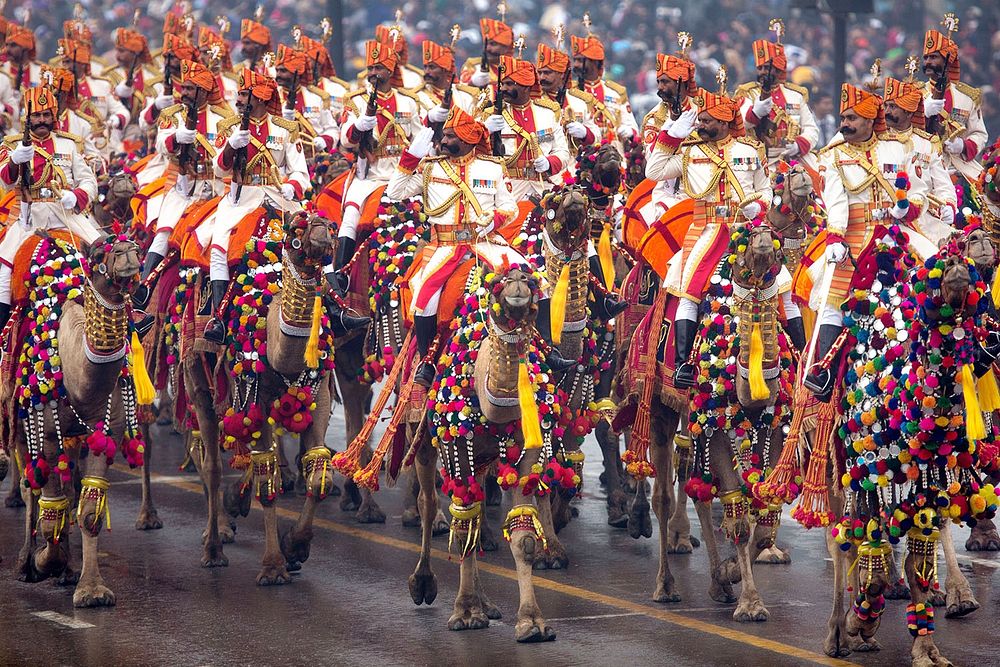 Soldiers parade on camelback during the Republic Day Parade in New Delhi, India, Jan. 26, 2015.