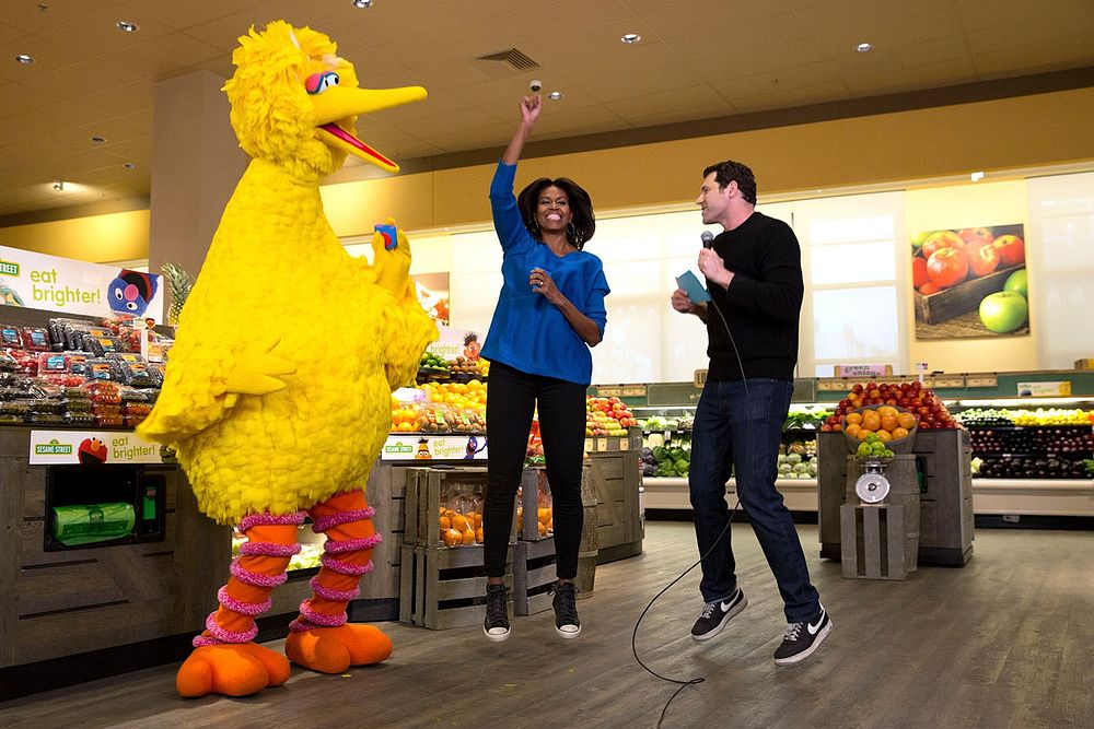 First Lady Michelle Obama participates in a "Let's Move!" Funny or Die game show taping with Billy Eichner of Billy on the…