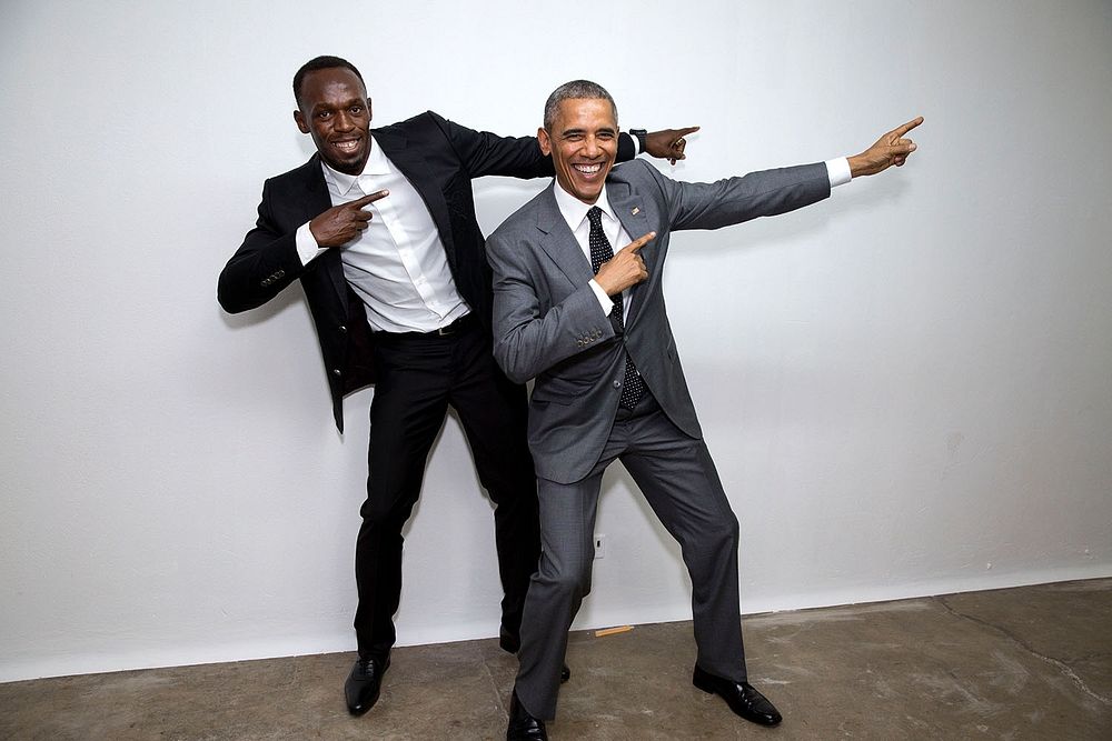 President Barack Obama poses with Usain Bolt, the fastest runner in the world, backstage following a "Young Leaders of the…