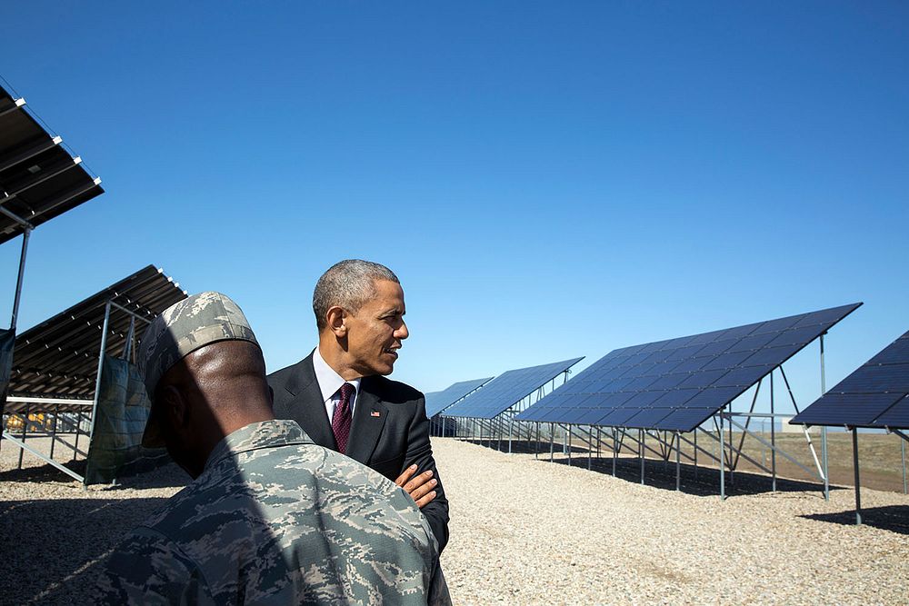 President Barack Obama takes a tour of solar panels with Col. Ronald E. Jolly, Commander, at Hill Air Force Base, Utah…