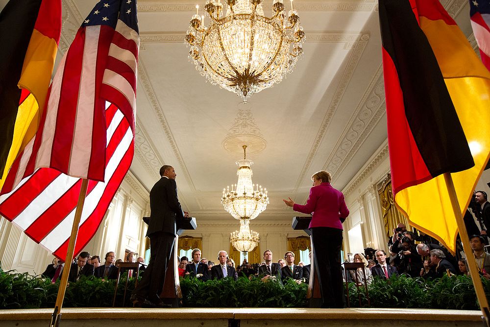 President Barack Obama and Chancellor Angela Merkel of Germany participate in a joint press conference in the East Room of…