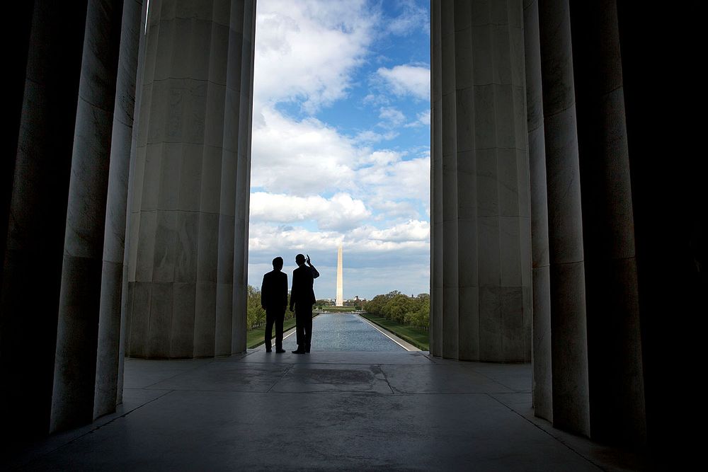 President Barack Obama and Prime Minister Shinzo Abe of Japan look toward the Washington Monument during a visit to the…
