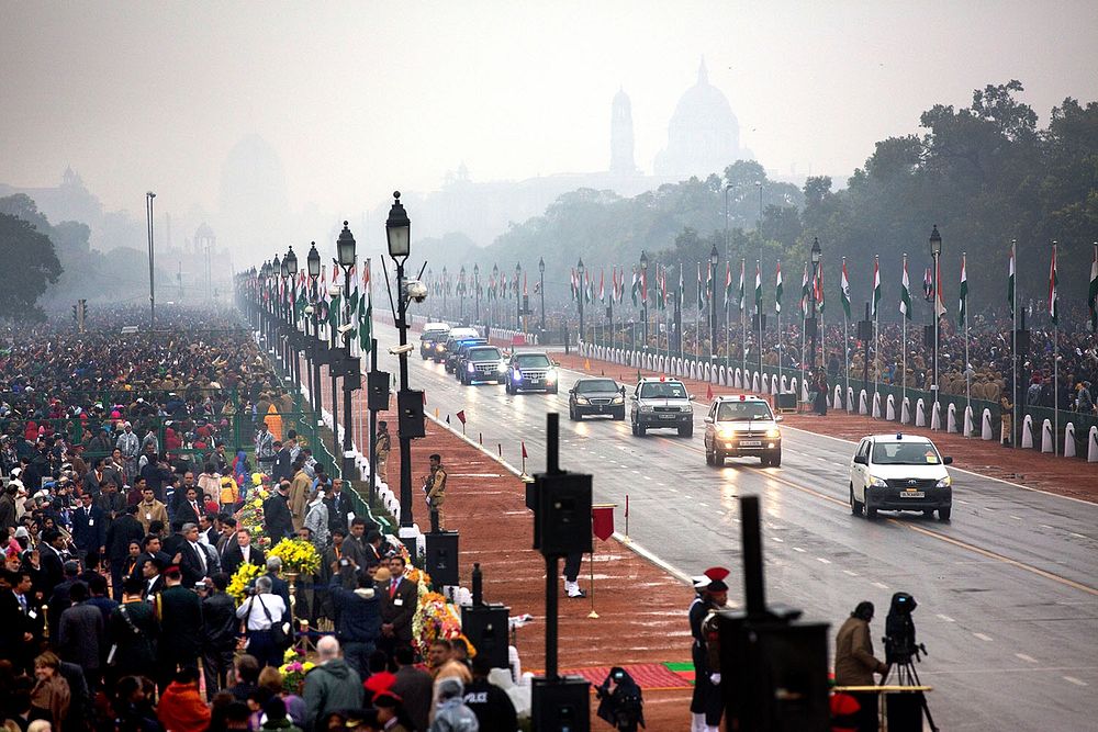 President Barack Obama and First Lady Michelle Obama arrive by motorcade for the Republic Day Parade in New Delhi, India…