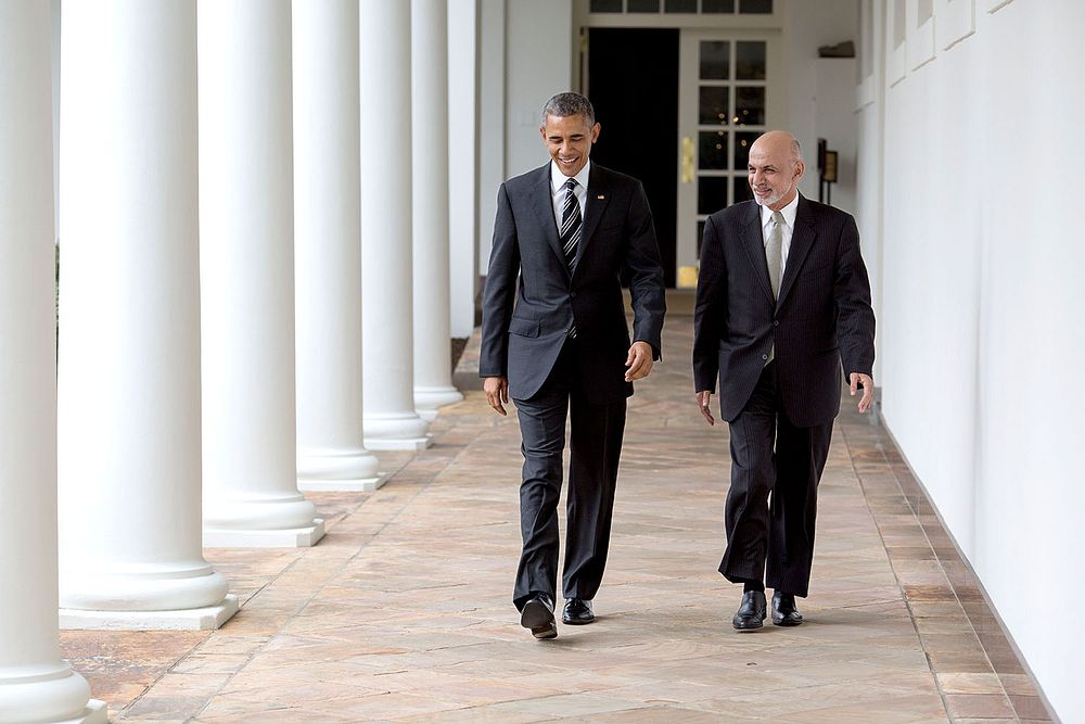 President Barack Obama and President Ashraf Ghani of Afghanistan walk on the Colonnade en route to a working lunch in the…
