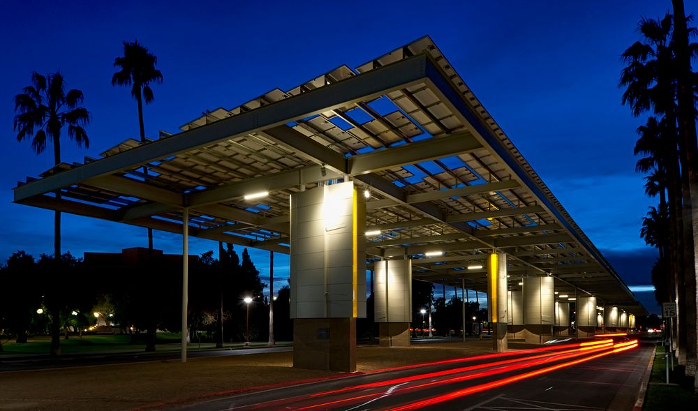 The Gammage Parkway PowerParasol on the Arizona State University campus has LED lighting to illuminate the space at night…