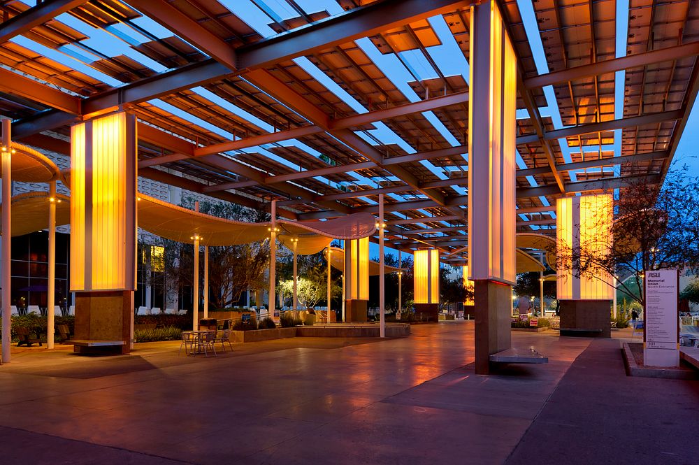 The PowerParasol on the ASU campus not only provides dappled shade to the desert campus, but also provides programable LED…