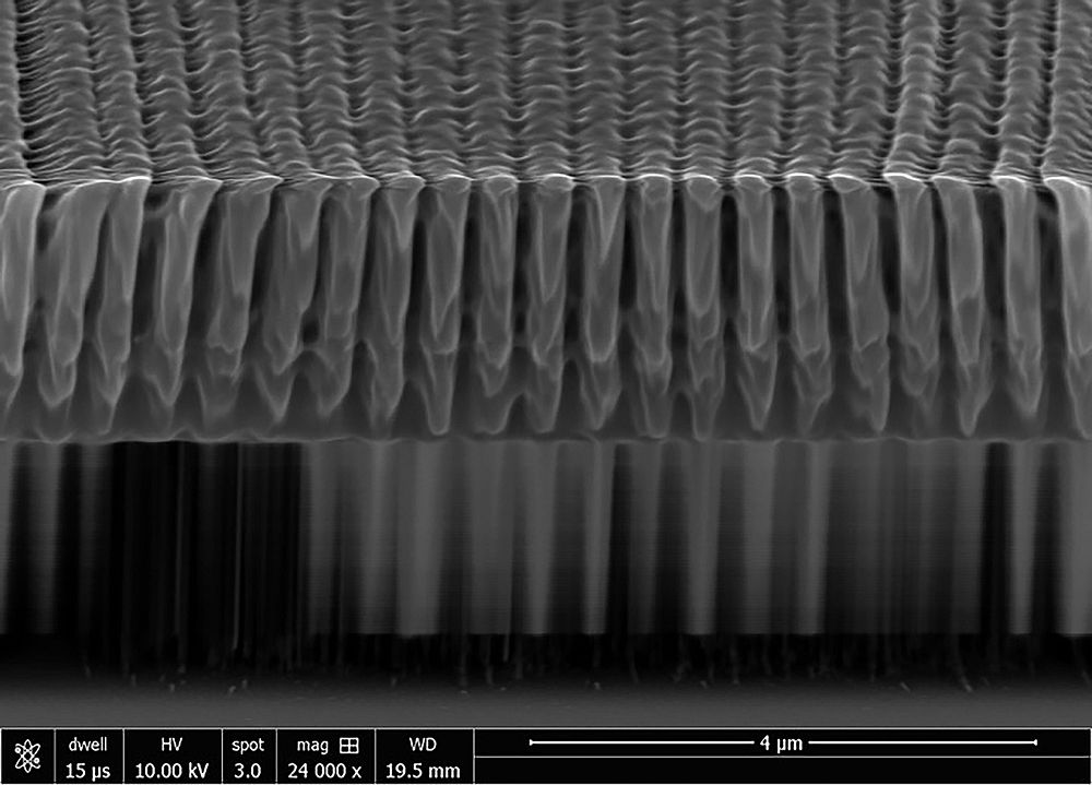 Dielectric fin based structures and their shadow under an scanning electron microscope. Original public domain image from…