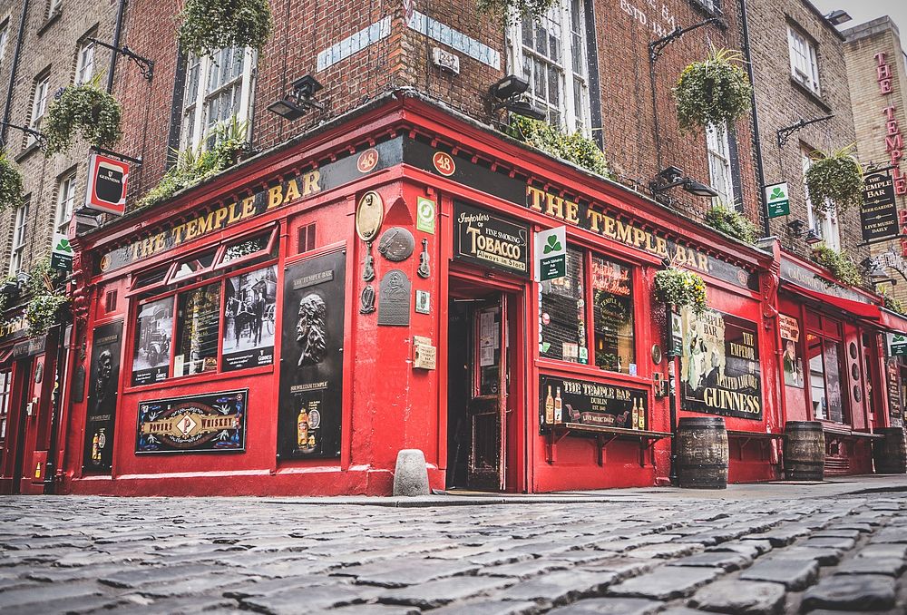 Corner view of the famous Irish pub The Temple Bar in the center of the Irish capital Dublin