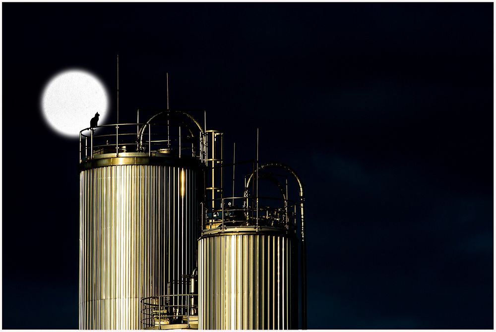 Full moon by the industry tanks. Free public domain CC0 image.