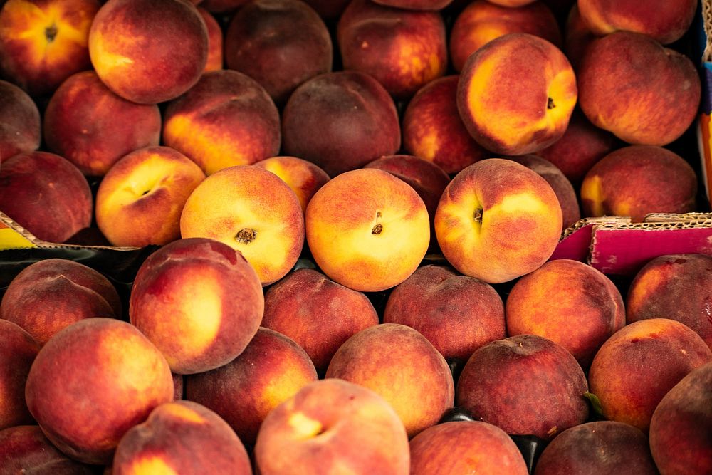 Close up of pile of peaches at the farmers market