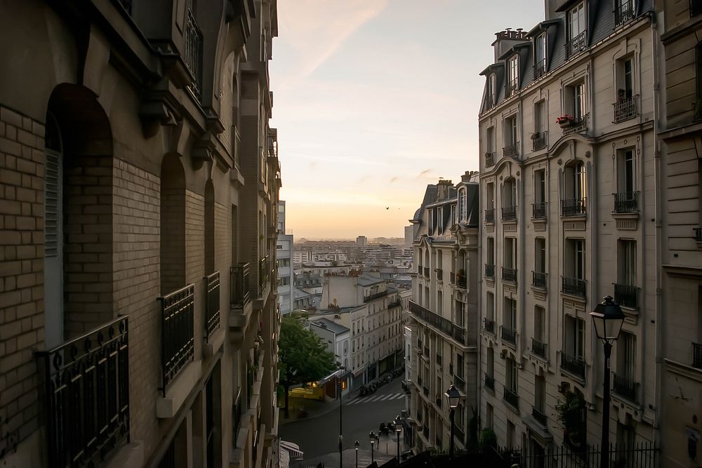 High angle view of road and buildings with skyline in Paris, France