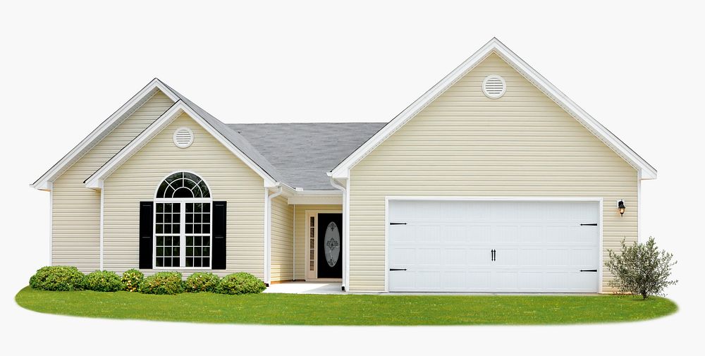 Beige one story house with green lawn clip art psd