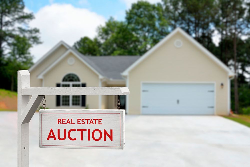 House for auction sign, real estate concept