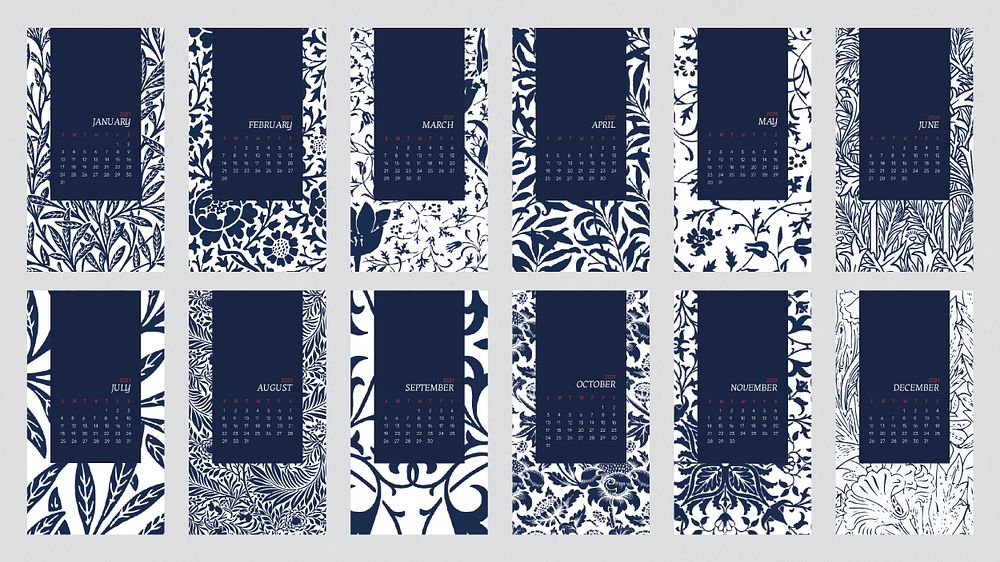 Calendar 2021 editable template psd  set with William Morris floral patterns