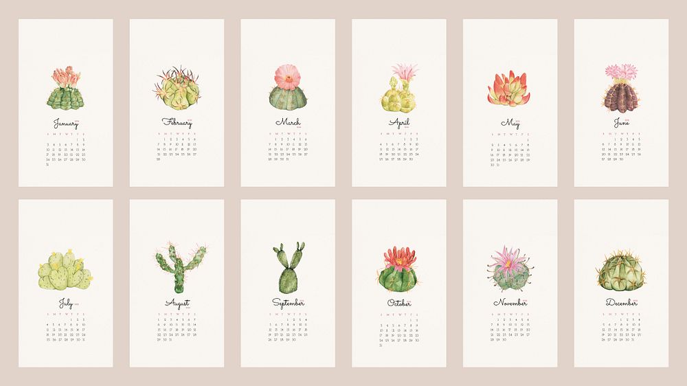Calendar 2021 printable template psd with cute hand-drawn cactus set