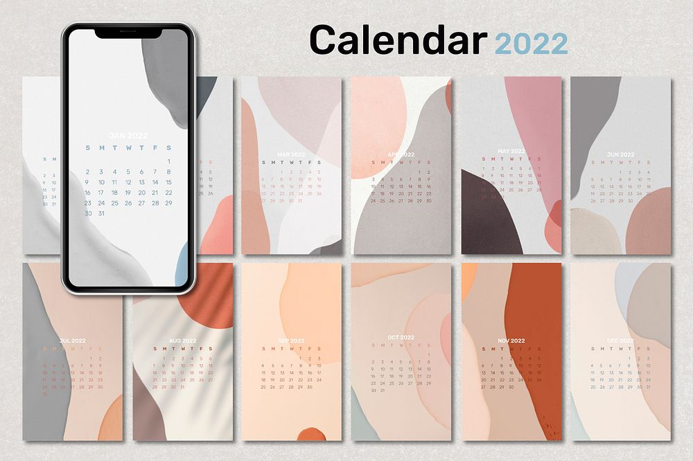 2022 monthly calendar template psd, abstract mobile wallpaper set