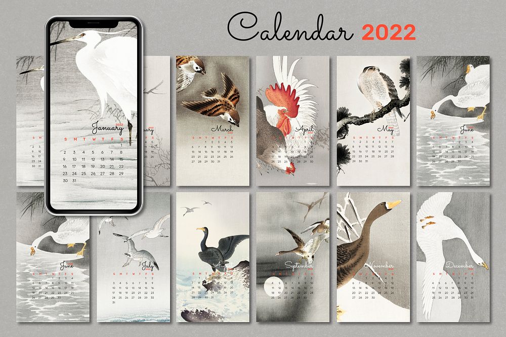 2022 monthly calendar template psd, vintage Japanese bird mobile wallpaper set. Remix from vintage artworks by Ohara Koson.