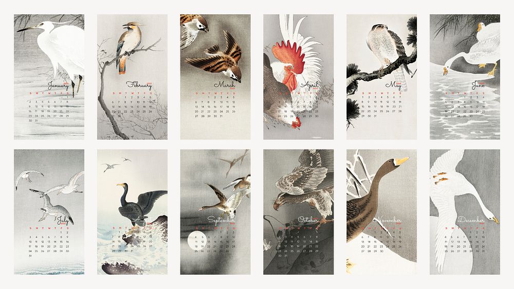 2022 monthly calendar template psd, vintage Japanese bird mobile wallpaper set. Remix from vintage artworks by Ohara Koson