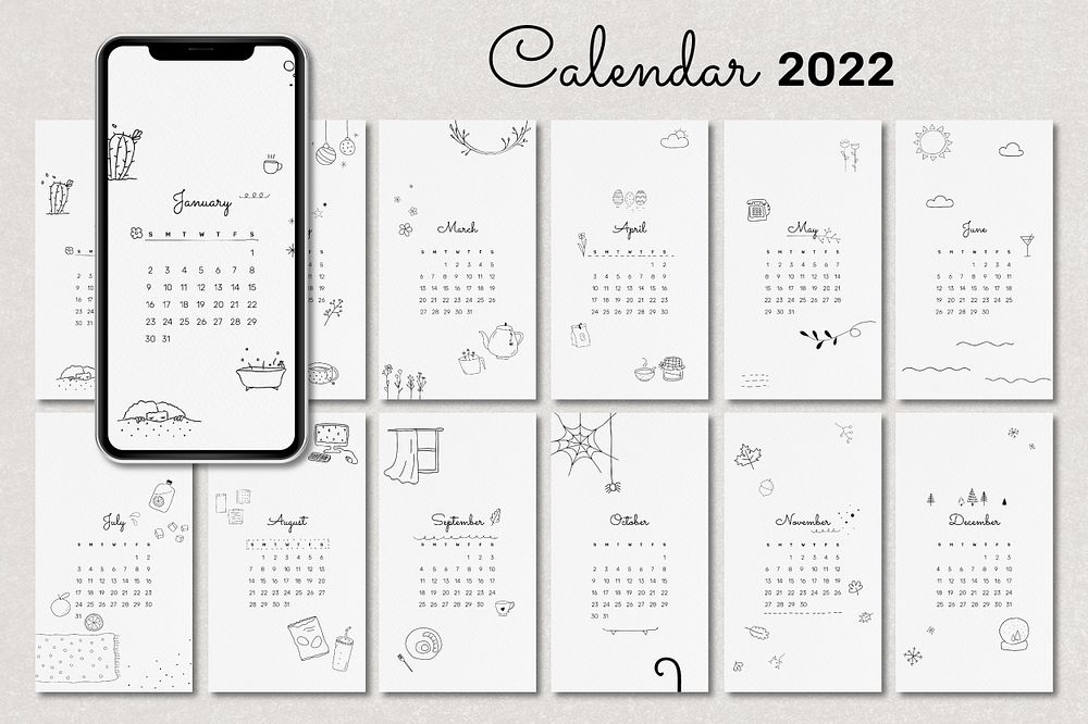 2022 monthly calendar template psd, doodle illustration mobile wallpaper set