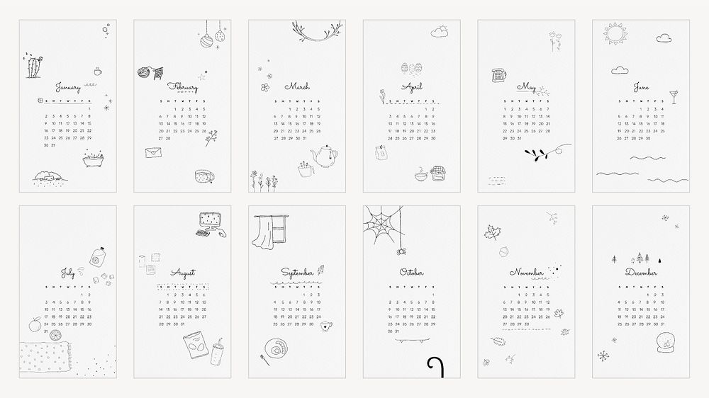 Doodle 2022 monthly calendar template psd, mobile wallpaper set