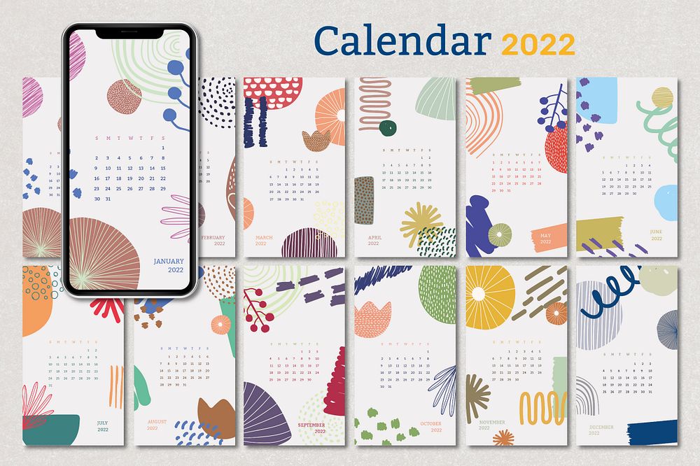 Aesthetic 2022 monthly calendar template psd, mobile wallpaper set